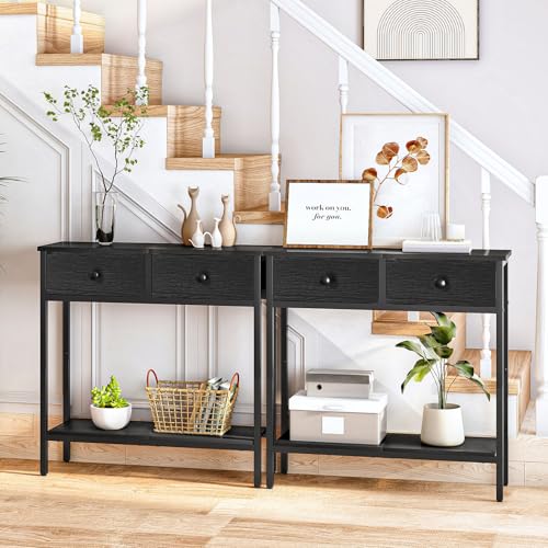 HOOBRO 29.5" Narrow Console Table with 2 Fabric Drawers, Small Entryway Table with 2-Tier Storage Shelves, Sofa Table, Behind Couch Table, for Living Room, Hallway, Black BB71XG01 HOOBRO