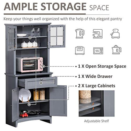 HOMCOM Elegant Buffet with Hutch, Kitchen Pantry Storage Cabinet with Framed Glass Door Drawer and Microwave Space for Dining Room, Living Room, Gray HOMCOM