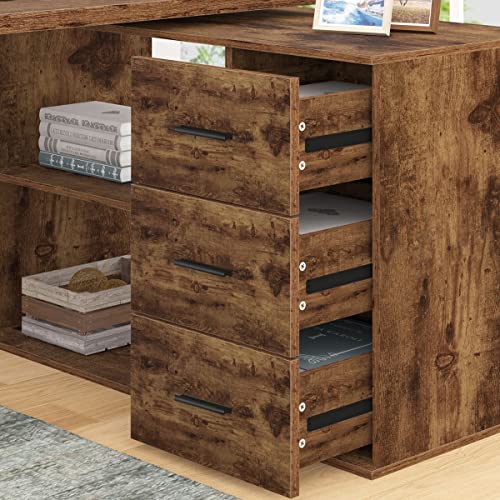 HSH L Shape Home Office Desk with Drawers, L-Shaped Computer Desk with Storage Cabinet Shelves, Wood Executive Desk for Writing Work, Reversible Study Table in Bedroom Living Room, Rustic Brown, 55 In