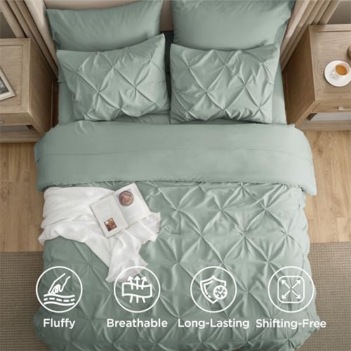 Bedsure Queen Comforter Set Sage Green - Bed in a Bag Queen Size Bedding 7 Pieces, GentleSoft™ Pintuck Bed Set Gift for Family, Pinch Pleat All Season Comforter with Sheets, Pillowcases & Shams Bedsure