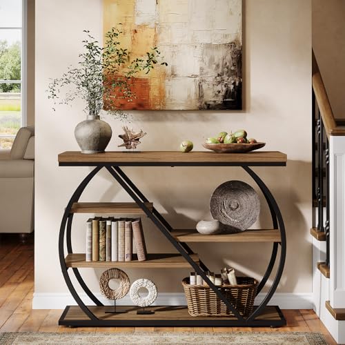 Tribesigns 41.3" Console Table, 5-Tier Industrial Entryway Table with Storage Shelves and Arched Metal Frame, Wood Rustic Hallway Table for Living Room, Foyer, Brown&Black Tribesigns