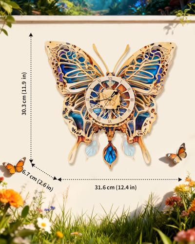 Rnfinewow 3D Puzzles for Adults, Butterfly Design Clock Kit with Pendulum, Beginner 3D Wooden Puzzle Model Kit Wall Decor, Butterfly Puzzle DIY Crafts for Mom, Women and Grandma Rnfinewow