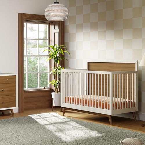 Babyletto Palma 4-in-1 Convertible Crib with Toddler Bed Conversion Kit in Warm White/Natural Walnut, Greenguard Gold Certified