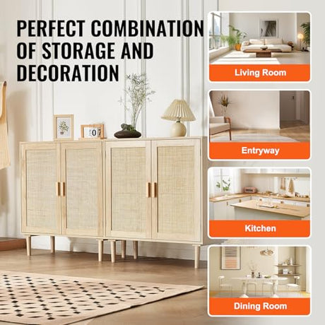 VEVOR Rattan Buffet Cabinet with Storage, 4 Magnetic Doors and Adjustable Shelves, Sideboard for Hallway, Living Room, Kitchen, Natural VEVOR