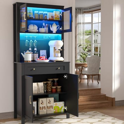 Yeyawomy 72" Tall Kitchen Pantry Cabinet with LED Light & Power Outlets, Farmhouse Large Storage Cabinet, Microwave Stand with Storage, Adjustable Cabinet Shelf, Black Kitchen Pantry (Black)