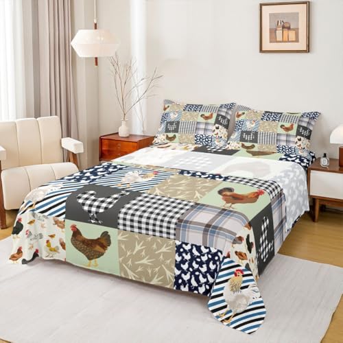 Feelyou Chicken Bed Sheets Set King Size Rooster Hen Print Sheet Set for Kids Boys Girls Decor Cute Blue Grey Green Sheets with Deep Pocket Fitted Sheet Geometric Bedroom Feelyou