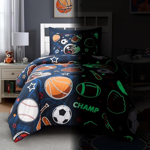 Wink Deer Twin Comforter Set for Boys-5 Pieces Sports Ball Games Glow in the Dark Twin Bedding Sets for Kids, Ultra Soft Bed in A Bag with Sheets Wink Deer