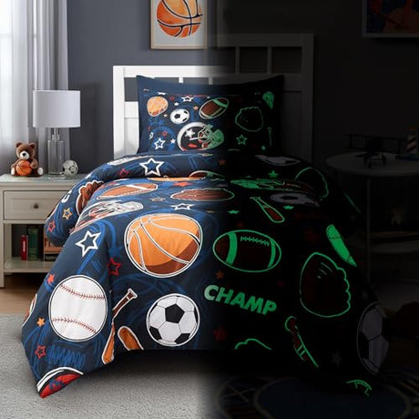 Wink Deer Twin Comforter Set for Boys-5 Pieces Sports Ball Games Glow in the Dark Twin Bedding Sets for Kids, Ultra Soft Bed in A Bag with Sheets Wink Deer