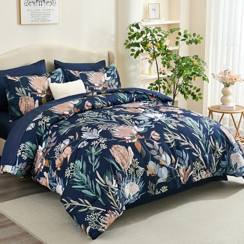 Luxudecor King Comforter Set 7 Pieces Bedding Sets, Navy Blue Floral Comforter and Sheet Set, Soft Microfiber Bed in a Bag for All Seasons (Navy Blue,104"x90") Luxudecor