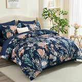 Luxudecor King Comforter Set 7 Pieces Bedding Sets, Navy Blue Floral Comforter and Sheet Set, Soft Microfiber Bed in a Bag for All Seasons (Navy Blue,104"x90") Luxudecor