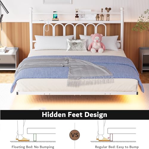 VERFARM Floating Double Bed Frame with USB Charging Station, LED Bed Frame with Wood Storage Headboard, Metal Platform Bed Frame Full Size, No Box Spring Needed, Steel Slat Support, White VERFARM