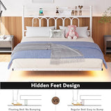 VERFARM Floating Double Bed Frame with USB Charging Station, LED Bed Frame with Wood Storage Headboard, Metal Platform Bed Frame Full Size, No Box Spring Needed, Steel Slat Support, White VERFARM