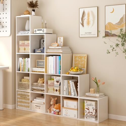 OSCHF Ladder Cube Storage Bookcase - Wooden L-Shaped 5-Tier Corner Shelf, Reversible 15-Cube Organizer for Home & Office, White OSCHF