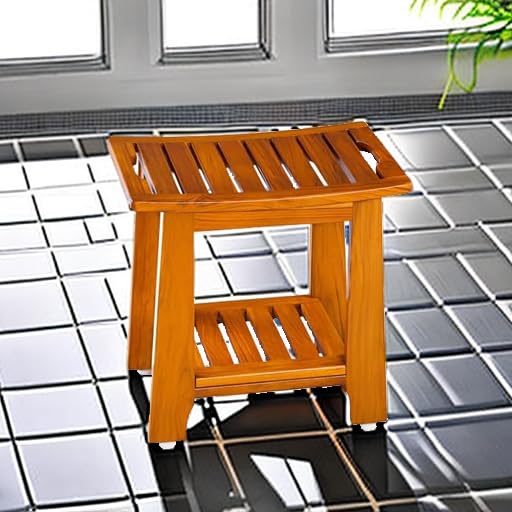 NNN Teak Shower Bench Seat with Handle 18 Inch/Teak Wood Shower Stool with Shelf/Wooden Bathroom Spa Bathing Stool/Waterproof, Indoor and Outdoor Use,Patented Design. NNN