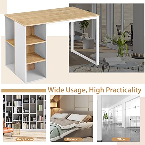 Tangkula Computer Desk with Storage Shelves, Home Office Desk with 5 Side Shelves & Metal Frame, Space Saving Laptop PC Desk, Writing Study Desk, Modern Vanity Desk for Bedroom (Natural) Tangkula