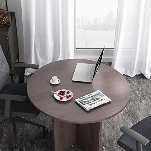 CuHome Round Conference Table, 35.4" Small Commercial Meeting Table for Business, Office Table with X-Shaped Wood Base (Walnut) CuHome