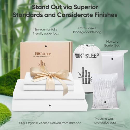 TWK Luxury Sheet Set, Genuine 100% Viscose Derived from Bamboo, Cooling & Breathable, Silky Soft, Bedding Sheets & Pillowcases (White, King(78 * 80 * 15)) TWK