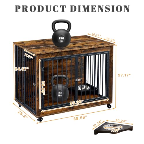 Yafylly 39 Inch Large Wooden Dog Crate Furniture with 180° Rotatable Bowl, Brown Multi-Functional Dog Crate End Table with Wheels, Furniture Dog Crate for Large Dogs with Flip-up Top Opening - WoodArtSupply