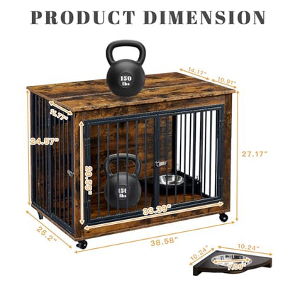 Yafylly 39 Inch Large Wooden Dog Crate Furniture with 180° Rotatable Bowl, Brown Multi-Functional Dog Crate End Table with Wheels, Furniture Dog Crate for Large Dogs with Flip-up Top Opening - WoodArtSupply