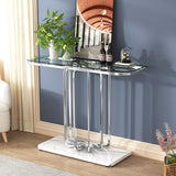 O&K FURNITURE 43" Modern Glass Console Table with Curved Chrome Frame & Faux Marble Base, Silver Narrow Sofa Table for Entryway, Living Room, Hallway, Home Office O&K FURNITURE
