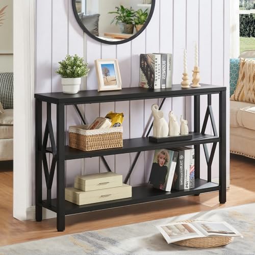 HOMISSUE Sofa Console Table, Rustic Console Table with 3-Tier Storage, Engineered Wood Sofa Tables with Open Shelves, Heavy Duty Entryway Tables for Living Room, Hallway (47 Inch, Black) HOMISSUE