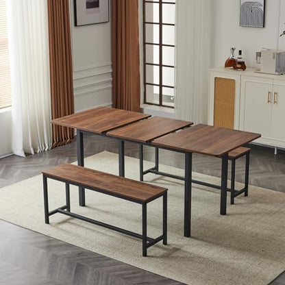 VINGLI 63" Expandable & Foldable 3-Piece Dining Table Set with 2 Benches, Seats 4-6, Space Saving, Ideal for Home, Kitchen, Apartment, Walnut - WoodArtSupply