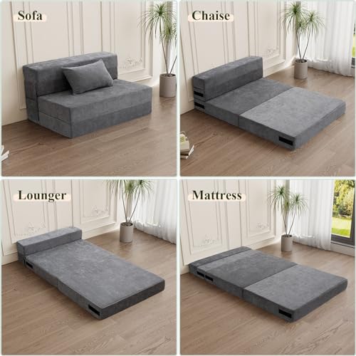 HOMFINE Folding Sofa Bed - Convertible Sleeper Chair with Pillow, Fold Out Couch, Memory Foam Floor Mattress, Futon Couch, Lazy Sofa for Living Room/Dorm/Guest Room/Home Office, Twin, Gray - WoodArtSupply