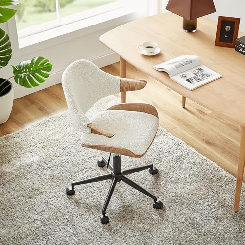 Art Leon Swivel Desk Chair, Mid Century Modern Office Chair with Wheels, Boucle Fabric Upholstered Arm Chair, Adjustable Height Task Chair with Metal Base, Washed Oak Bentwood, White Art Leon