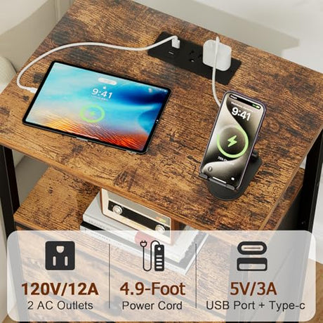 LOAKEKEL Nightstand with Charging Station, End Table with 2 Fabric Drawers, Night Stand for Bedroom, Small Bed Side Table with USB Ports and Outlets for Living Room, Brown, HETS020BR-1 LOAKEKEL