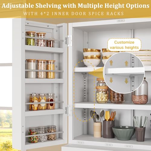 DWVO Metal Storage Cabinet, 71" Kitchen Pantry Cabinet with 4 Door & 4 Adjustable Shelves & Drawer & Door Rack, 6-Tier Tall White Steel Cabinets for Kitchen, Living Room, Dining Room DWVO