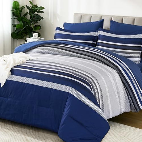 Dobuyly Navy Blue Queen Comforter Set 7 Pieces, Boho Striped Bed in a Bag Queen Size Soft Microfiber All Season Bedding Set with Comforter, Sheets, Pillowcases & Shams Dobuyly