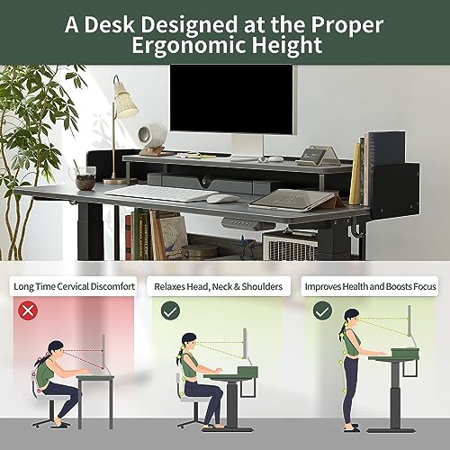 FEZIBO 48" Electric Standing Desk with Shelves, 48 x 24 Inch Sit Stand Rising Desk with Monitor Stand and Storage, Ergonomic Home Office Computer Desk, Rustic - WoodArtSupply