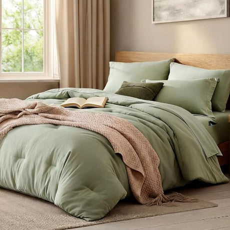 WRENSONGE Full Size Comforter Set- 7 Pieces Sage Green Bed in a Bag Full Size Comforter with Fitted Sheet, Flat Sheet, 2 Pillow Shams, 2 Pillowcases, Warm Bedding Sets for All Season WRENSONGE