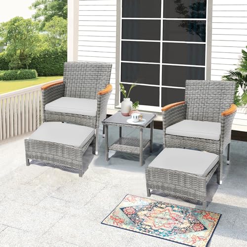 5 Piece Outdoor Patio Furniture Set with Table&Ottoman Outdoor Furniture Patio Set Bistro Wicker Patio Set of 2 Outside Lawn Chairs Conversation Sets for Porch Balcony Deck(Gray Wicker&Gray C - WoodArtSupply