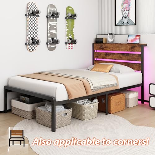 TIGUBFRE Twin Bed Frames with Storage Headboard & Charging Station, Platform Bed Frame Twin Size with LED Lights, Metal Slats, Noise Free, No Box Spring Needed, Rustic Brown TIGUBFRE