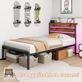 TIGUBFRE Twin Bed Frames with Storage Headboard & Charging Station, Platform Bed Frame Twin Size with LED Lights, Metal Slats, Noise Free, No Box Spring Needed, Rustic Brown TIGUBFRE