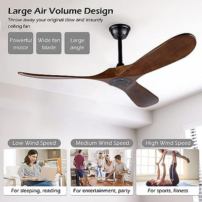 Solid Wood Ceiling Fans Without Light, 52 Inch Real Wood Ceiling Fan with Remote Control and 3 blade, Natural Wood Ceiling Fan Waterproof, Indoor Outdoor Ceiling Fans for Patio, Bedroom, Livi - WoodArtSupply