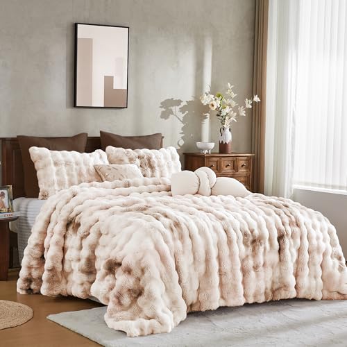 Wonderful 3 Pieces Fluffy Faux Rabbit Fur Bubble Comforter Set King Size, Tie-Dyeing Beige Plush Fuzzy Bedding Set, Warm Soft Bubble Comforter Bedding Set for Winter Wonderful