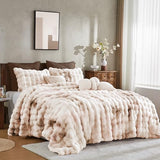 Wonderful 3 Pieces Fluffy Faux Rabbit Fur Bubble Comforter Set King Size, Tie-Dyeing Beige Plush Fuzzy Bedding Set, Warm Soft Bubble Comforter Bedding Set for Winter Wonderful
