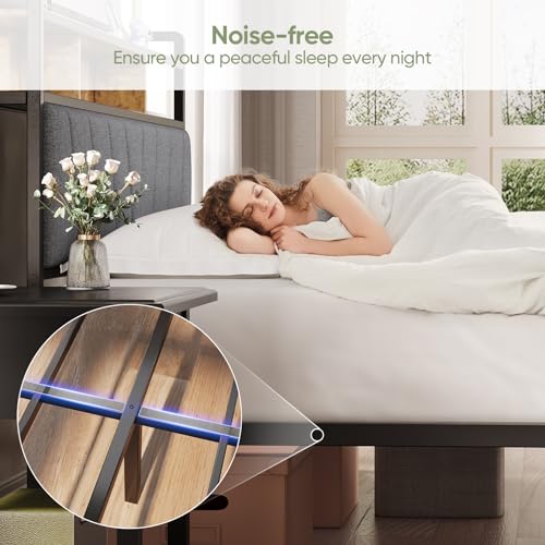 Welzona Full Size Bed Frame with Headboard, LED Lights Full Bed Frames with Charging Station, 2-Tier Storage Shelves, Heavy Duty Metal Slats, Noise-Free, No Box Spring Needed, Easy Assembly, Brown Welzona