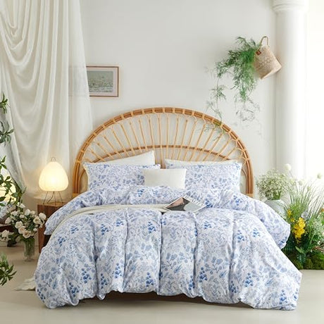 Sedefen Floral Duvet Cover King Size White Blue Flower Bedding Set 3Pcs Spring Cottagecore Garden Botanical Reversible Comforter Cover with Zipper Closure and 2 Pillowcases Sedefen