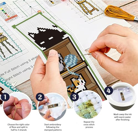 FREEBLOSS 6 Set Cross Stitch Bookmark Kit Counted Cross Stitch Kit Embroidery Bookmarks with Instruction Cartoon Cat Embroidery Kit for Beginners Adults 8''x2.4'' FREEBLOSS