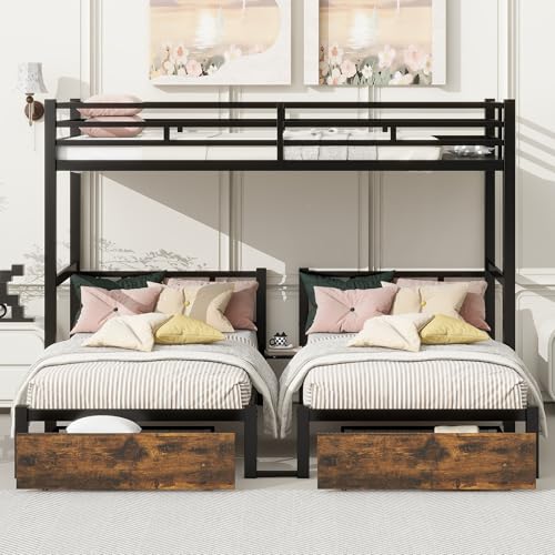 kuurfuurdo Metal Triple Bunk Bed for Kids, Detachable TwinXL Over Twin Over Twin Triple Bunk Bed with Guardrails, Ladder & Storage Drawer, Converts to 3 Separate Beds (3 Bunk Beds for Kids) kuurfuurdo