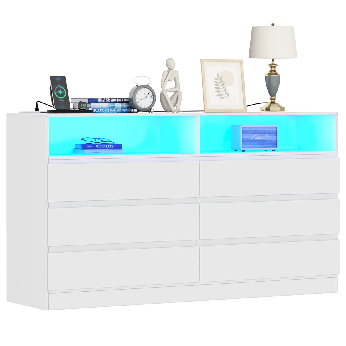 Loomie Drawers Dresser, White Drawer Dresser with Power Outlet, Accent Chests of Drawers with LED Light, Modern Storage Dresser for Bedroom, Living Room (White) Loomie