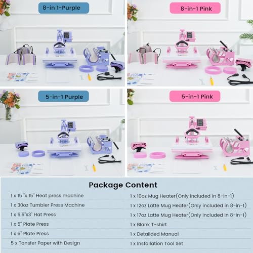 Whubefy Heat Press 15x15 inch 8 in 1 with 30OZ Tumbler Press, Slide Out 360° Swing Away Digital Shirt Press Machine, Industrial-Quality Heat Transfer Sublimation for T-Shirt/Tumbler/Mug/Hat/Cap/Plate Whubefy
