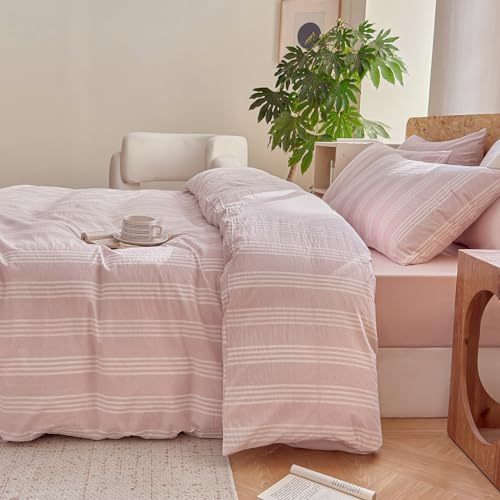 BESTDESIL Pink Striped Duvet Cover Set 100% Washed Cotton Linen Like Super Soft Chic Bedding Set 3 Pcs Greyish Pink-White Full BESTDESIL