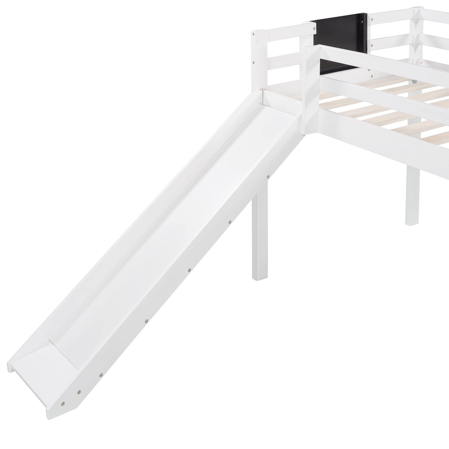 Twin Size Low Loft Bed with Slide,Kids Loft Bed with Chalkboard and Ladder,Wood Low Loft Bed Twin Size for Girls Boys,White