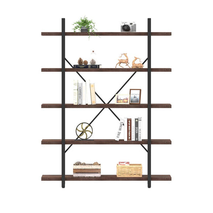 5-Tier Rustic Gray Solid Wood Bookshelf with Industrial Metal Accent - WoodArtSupply