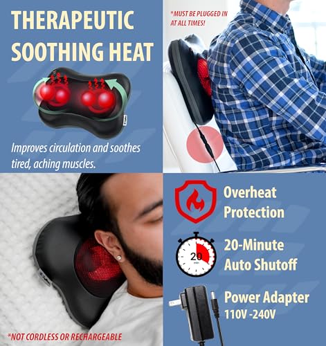 Zyllion Shiatsu Back and Neck Massager with Heat - 3D Electric Kneading Deep Tissue Massage Pillow for Muscle Pain Relief, Black, ZMA-13 Zyllion
