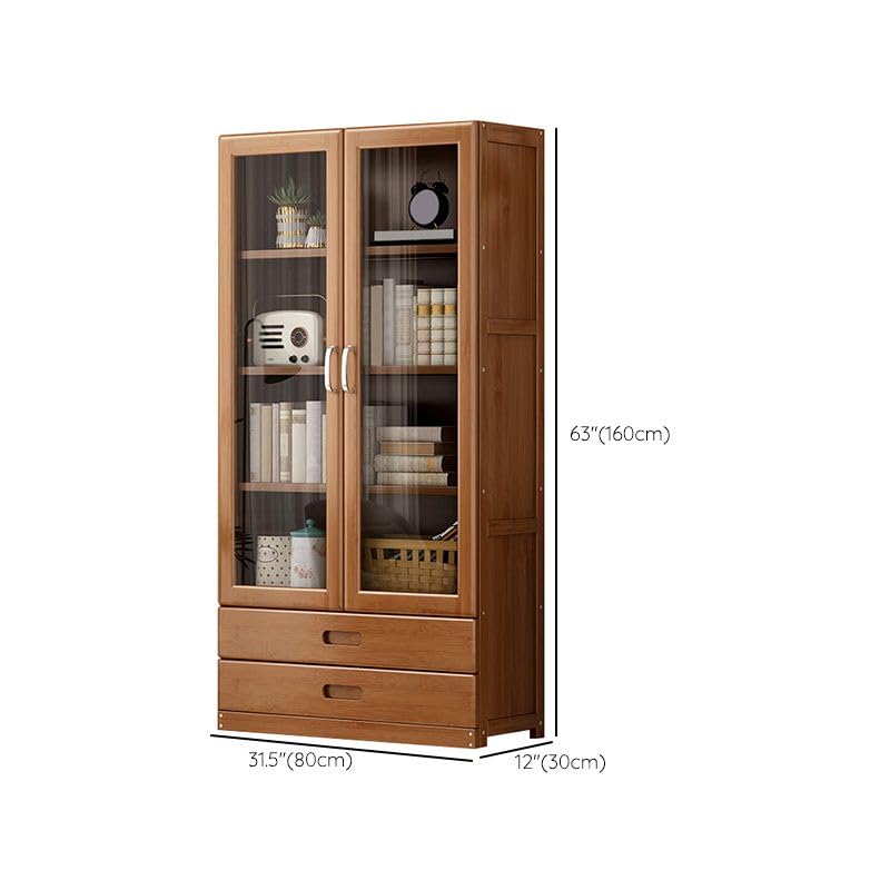 LITFAD Modern 4-Tier Bamboo Bookcase with Glass Doors and 2 Drawers - WoodArtSupply